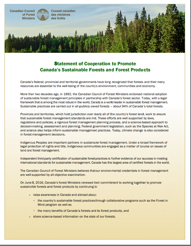 Statement of cooperation to promote Canada’s sustainable forests and forest products 